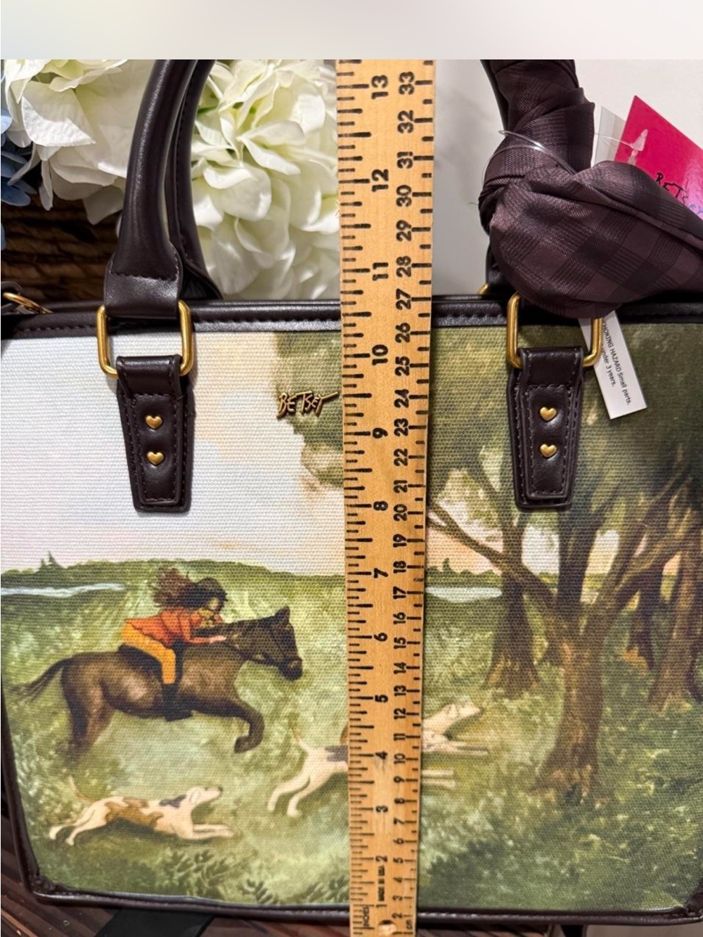 Betsey Johnson Green Equestrian Print Satchel with Brown Trim - Picture 3 of 6